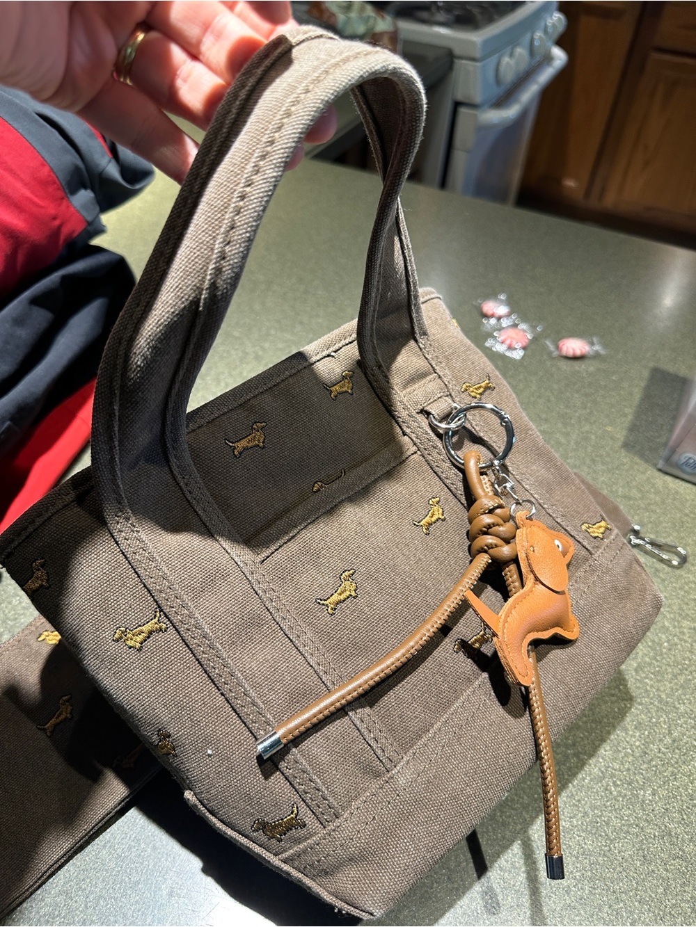 Madden Girl Brown Canvas Mini Tote with Dog Charm - Picture 7 of 8